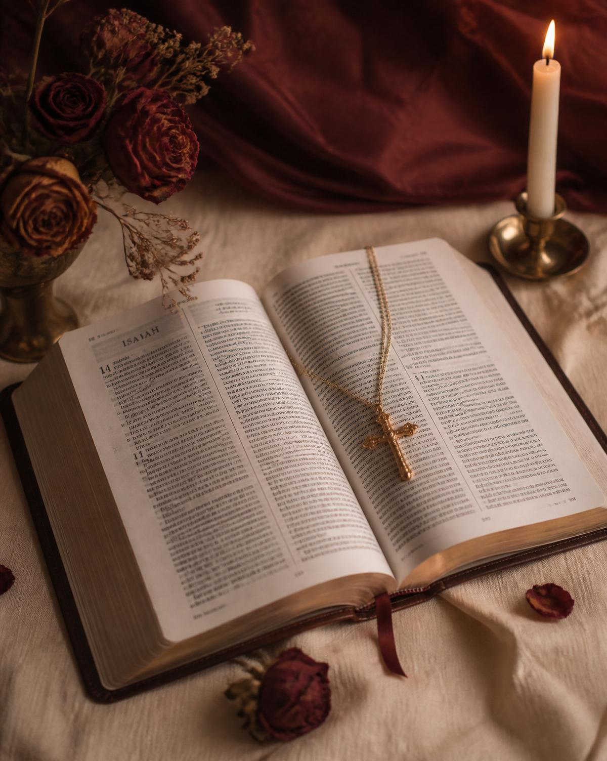 Open Bible with a gold cross necklace, candlelight, and dried roses