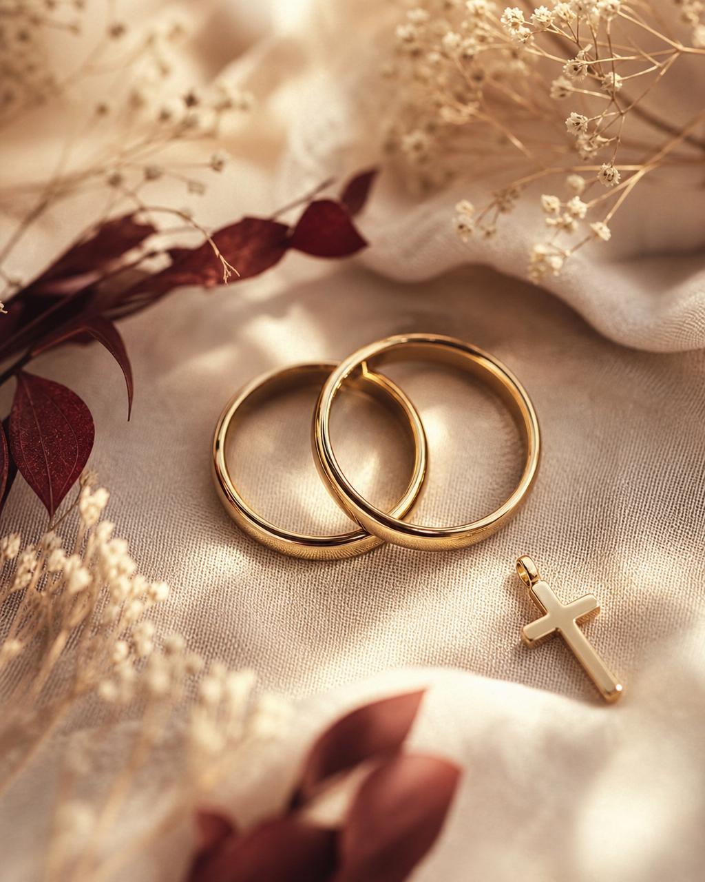 Two gold wedding rings intertwined, symbolizing Christian love and covenant